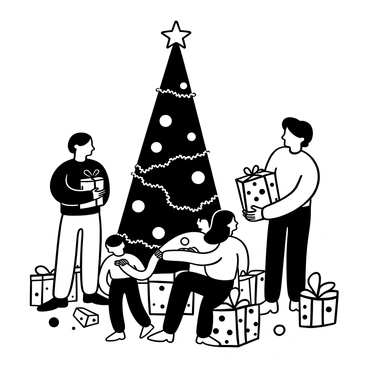 A family gathered around a tall Christmas tree adorned with ornaments and tinsel. The members are holding gifts wrapped in various patterns, some with ribbons and bows. The floor is covered in additional unwrapped presents and scattered gift wrapping paper. The atmosphere is filled with a sense of joy and anticipation as they engage in the act of exchanging gifts.