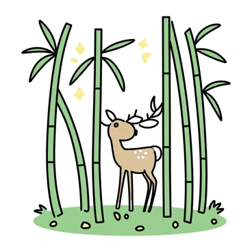 A bamboo grove with tall green stalks rising up towards the sky. A deer, with a light brown coat and white spots, is peeking through the bamboo, its ears alert and eyes wide open. Sunlight filters through the leaves, casting soft shadows on the forest floor, which is covered in green grass and fallen leaves. The overall composition highlights the tall, slender bamboo surrounding the curious deer.