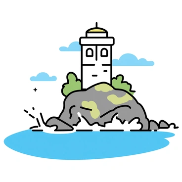 An ancient stone tower with a weathered surface stands on the rocky coast of Capri. The tower features arched windows and a circular top, surrounded by patches of green vegetation. Below, the ocean waves crash against the rocks, creating white foam and splashes. The sky is partly cloudy, with hints of blue peeking through the clouds. The view captures the rugged coastline and the vibrant blue color of the sea.