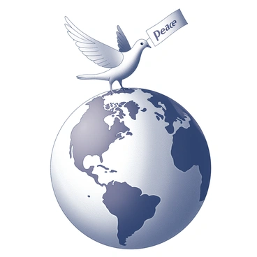 A globe representing the Earth, detailed with continents and oceans. Atop the globe, there is a dove, depicted with outstretched wings. The dove is holding a banner in its beak, which reads "peace." The globe is positioned prominently, while the dove stands out as a symbol of hope and harmony.