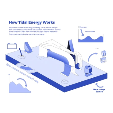 An educational poster illustrating how tidal energy works with clear labeled diagrams. The poster features a large tidal turbine positioned in the ocean, with arrows indicating water flow. Surrounding the turbine are various labeled components, such as the generator, rotor blades, and a battery storage system. There are also diagrams showing the rise and fall of tides, labeled with terms like "high tide" and "low tide." Additional labels explain the process of energy conversion from kinetic energy to electrical energy. The layout is organized for clarity, with a title at the top reading "How Tidal Energy Works."