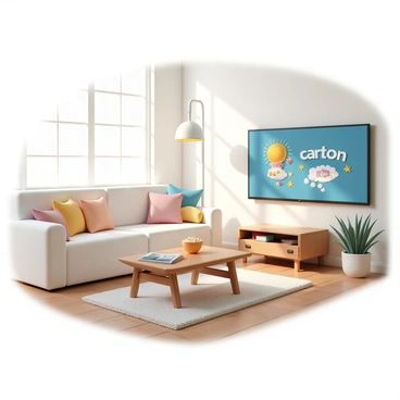 A living room scene with a cartoon playing on the television, brightening up the space