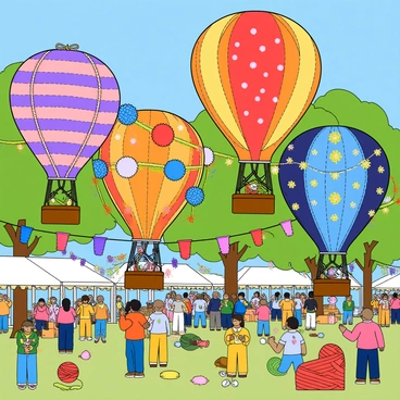 A vibrant festival scene filled with colorful hot air balloons made entirely of yarn. Each balloon showcases a unique pattern and color scheme, such as stripes, polka dots, and floral designs. Surrounding the balloons are various decorations crafted from yarn, including large yarn pom-poms hanging from trees, colorful banners strung between poles, and intricate yarn sculptures scattered across the ground. People of different ages, wearing bright clothing, are seen enjoying the festival atmosphere, with some pointing at the balloons in delight. The sky is a clear blue, allowing the balloons to stand out against the backdrop.