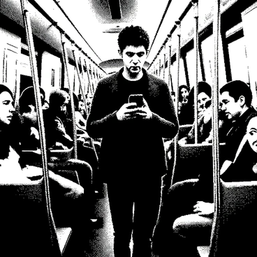 A commuter with short hair is standing in a crowded subway car, holding a smartphone in their right hand. The commuter is focused on the screen, with their eyes narrowed in concentration. They are dressed in a casual outfit, featuring a dark jacket and jeans. Surrounding them are several other passengers, some seated and others standing, all with varied expressions and postures. The interior of the subway features metal poles and partially visible advertisements on the walls. The scene conveys a sense of busyness, with multiple figures packed closely together in the confined space.