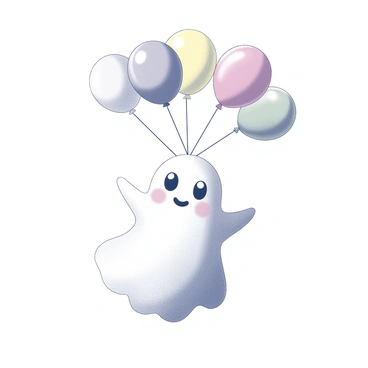 A ghost with a rounded, soft body is floating in the sky. The ghost has large, expressive eyes and a happy expression. Several colorful balloons are tied to its head, bobbing gently in the air. The balloons vary in shape and size, creating a whimsical effect. The background features a clear sky, providing a sense of openness and lightness.