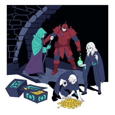 A group of four characters is navigating through a dark, treasure-filled dungeon. The first character is a teal-cloaked wizard holding a glowing staff, leading the way with a focused expression. The second character is a sturdy warrior in red armor, cautiously scanning the shadows for any lurking dangers. The third character, a nimble rogue wearing dark attire, is crouched low, inspecting a pile of gold coins strewn across the stone floor. The final character is a white-haired healer with a serene demeanor, holding a glowing orb that illuminates the surroundings softly. Dark stone walls are adorned with ancient carvings, and various treasures are scattered throughout the dungeon, including ornate chests and shimmering gems.