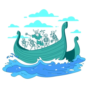 A teal longship is sailing on a deep blue sea, with vibrant waves crashing around it. Atop the deck, several white Viking skeletons are engaged in a lively dance, their bony limbs moving rhythmically. The ship's wooden structure is detailed, with carved figures adorning the prow. The skeletons are adorned with remnants of Viking clothing, such as tattered tunics and helmets. The sky above is filled with scattered clouds, adding to the dynamic scene of this nautical celebration.