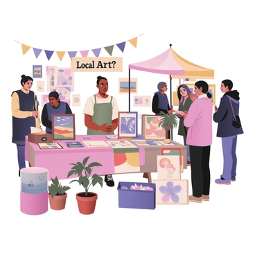 A local artist stands behind a table displaying their artwork at a vibrant Lancaster art fair. The artist is a woman with medium skin, wearing a colorful apron over a white shirt. Her hair is tied back in a messy bun. The table is covered with various pieces of artwork, including paintings in bright colors and intricate sketches. A few framed pieces lean against the table. Surrounding her are people browsing the art, with some stopping to talk to her. Colorful banners and tents create a lively atmosphere, and there are potted plants on the ground adding a touch of greenery. A sign above the table reads "Local Art" in bold letters, capturing the attention of passersby.