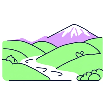 A landscape featuring rolling hills that gently undulate across the foreground. A river flows through the scene, winding between the hills with smooth curves. In the distance, a mountain range rises majestically, its peaks outlined sharply against the sky. The hills are dotted with simple trees and bushes that add texture to the landscape. The drawing is executed in a line art style, capturing the serene shapes and contours of nature.