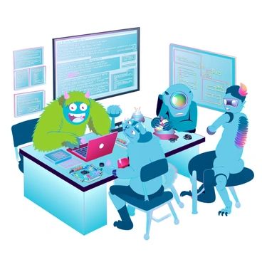 A group of four monsters working on coding and building robots in a technology classroom. One monster is large and furry with bright green fur and big, round eyes, focused on a laptop with coding software displayed on the screen. Another monster is small and blue with multiple arms, assembling robot parts on a workbench cluttered with mechanical components. A third monster, tall and slim with an array of colorful scales, is standing in front of a digital whiteboard, brainstorming ideas. The classroom is filled with various gadgets, tools, and numerous screens displaying code and design schematics. A robotic arm is positioned nearby, actively operating and assisting in the building process.