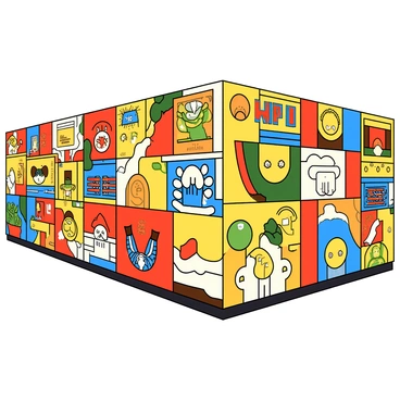 A pop art-style wall filled with bold, graphic illustrations in vivid colors
