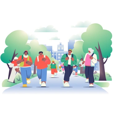 A group of students is walking around the Pratt campus on a cloudy day. The students are dressed in various styles, including jackets, hoodies, and backpacks. Some are engaged in conversation, while others are looking at their phones. The sky is filled with gray clouds, casting a soft light over the scene. Trees with green leaves frame the pathways, and you can see the iconic buildings of the Pratt campus in the background. A few bicycles are parked along the sidewalks, adding to the campus atmosphere.