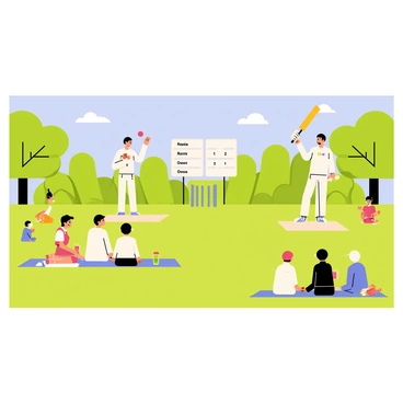 A local cricket match is taking place in a grassy field. There are two teams of players dressed in white uniforms, with one bowler in mid-delivery throwing a red cricket ball towards the batsman. The batsman stands ready with his bat raised, wearing a helmet. Spectators are seated on blankets, enjoying the match, with some holding drinks and snacks. Trees border the field, providing shade, and a clear blue sky is overhead with a few fluffy white clouds. A scoreboard in the background shows the current runs and overs.