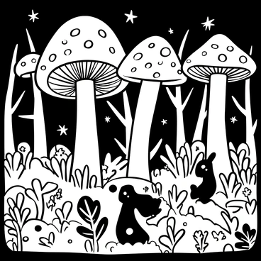 A dense forest filled with oversized mushrooms towering above the ground. The mushrooms vary in shape and size, with some having polka dots and others being smooth. Many plants emit a soft glow, illuminating the surrounding area with their bioluminescence. Along the forest floor, friendly woodland creatures such as rabbits and squirrels are interacting, some peeking out from behind the mushrooms. Trees stretch high above, their trunks thick and gnarled, with intricate patterns on the bark. The atmosphere is filled with a sense of wonder, as various smaller glowing plants scatter throughout the underbrush.