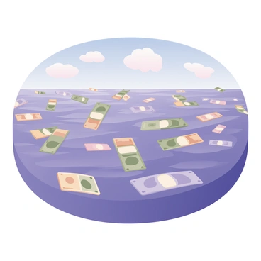 A digital flat illustration depicting an endless ocean made of colorful floating banknotes. The banknotes are various denominations and colors, creating a vibrant, wave-like surface that gently undulates. Above the ocean, there is a clear blue sky with a few fluffy white clouds scattered throughout. The sunlight glints off the surface of the banknotes, enhancing their colors and textures. The overall scene conveys a sense of vastness and tranquility, with the banknotes smoothly rising and falling like waves in the ocean.