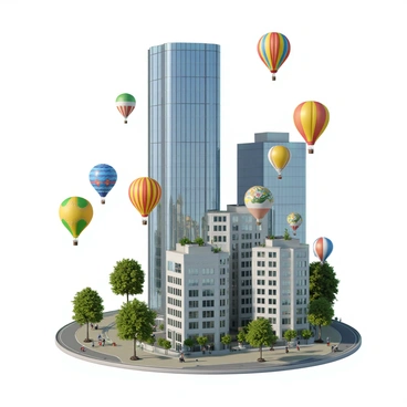 A whimsical scene with hot air balloons floating around the MetLife building