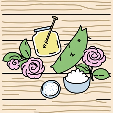 An assortment of natural skincare ingredients spread across a wooden table. There is a fresh green aloe vera leaf, with its spiky edges contrasting against the smooth surface. A small jar of golden honey sits nearby, glistening under soft light. Delicate pink roses, with soft petals and green leaves, are placed next to the honey. The arrangement includes a few small bowls, one filled with coarse sea salt and another with a creamy white substance, representing coconut oil. The overall composition is neat and visually appealing, highlighting the natural beauty of each ingredient.