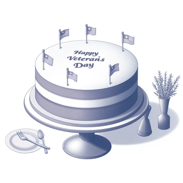 A large, round cake topped with a smooth frosting surface. The cake is adorned with miniature flags placed around the perimeter, each flag representing different branches of the military. The words "Happy Veterans Day" are elegantly written across the top of the cake in a bold font. The cake is placed on a decorative serving plate, with a simple yet elegant table setting in the background. Silver utensils and a small vase with a floral arrangement are positioned nearby, complementing the festive theme.