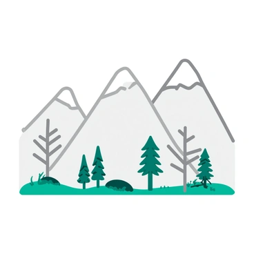 A serene line illustration of mountains with trees in the foreground.