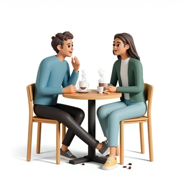 Two friends are seated at a small wooden table in a cozy coffee shop. One friend, wearing a blue sweater and black jeans, has short brown hair and is smiling while animatedly talking. The other friend, dressed in a green cardigan and light blue jeans, is leaning slightly forward with long wavy hair, listening intently with a cheerful expression. Both friends are holding steaming cups of coffee, with a few coffee beans scattered on the table. The warm lighting of the shop creates a welcoming atmosphere, highlighting their vibrant interaction.