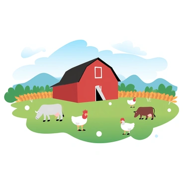 A large red barn is positioned prominently in the center of the image. In front of the barn, several farm animals are grazing peacefully on green grass. There are cows, sheep, and chickens scattered throughout the scene. Surrounding the barn and animals, there are expansive fields of crops, featuring rows of corn and wheat. A clear blue sky stretches above the farm, enhancing the vibrant colors of the landscape. In the background, there are gentle hills that add depth to the farm setting.