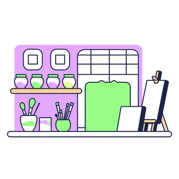 A quaint art supply shop filled with various art materials. On the left, there is a wooden shelf lined with glass jars containing colorful paint, each jar topped with a green lid. In front of the shelf, brushes of different sizes are arranged in a small green pot, with several brushes leaning against it. To the right, a selection of vintage canvases is propped against the wall, showcasing different sizes and textures. The floor is wooden, and a green rug is placed in the middle of the shop, adding to the cozy atmosphere.