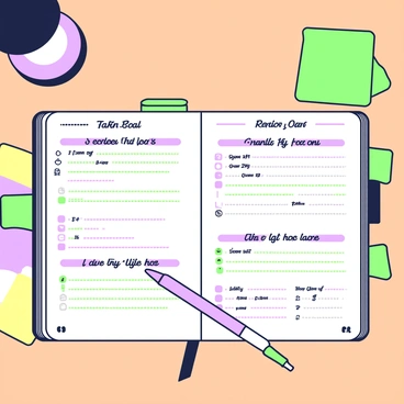 A bullet journal is open on a wooden table. The page visible is filled with neatly written text. The revision goals are organized into bullet points, with clear headings and subheadings. There are study plans laid out with distinct sections for each subject. Small symbols and icons are used next to certain points, indicating priorities and deadlines. A green pen lies next to the journal, and a purple highlighter is resting on top of some sticky notes nearby. In the background, there is a softly lit lamp illuminating the workspace.