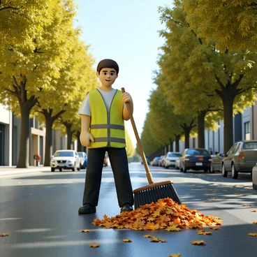 A city worker with short brown hair is wearing a bright yellow safety vest and dark pants. They are using a large broom to sweep a pile of autumn leaves off the pavement. The street is lined with tall trees that have vibrant green leaves, some of which have started to turn yellow and orange. The pavement is wet as if it has recently rained, and there are scattered leaves across the ground. In the background, there are a few parked cars along the side of the street, and a blue sky is visible above.