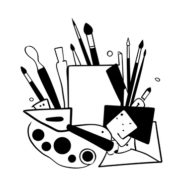 A black-and-white illustration of a creative collage featuring various art supplies. There are multiple paintbrushes of different sizes arranged in a cluster, with some leaning against a stack of canvases. Various paint tubes are scattered around, some open to reveal their contents. A palette with swirls of paint sits nearby, and a sketchbook is partially visible beneath the brushes. The entire composition is laid out on an illustration board, showcasing the array of tools used for artistic creation.
