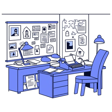 A detective's office filled with various scattered items. The desk is overflowing with case files and a vintage typewriter. In the background, a large corkboard is prominently displayed, covered with numerous notes and black-and-white photographs related to various cases. The walls are adorned with maps and pinned evidence. A dim lamp casts shadows over the room, creating a sense of mystery. A chair sits slightly out of place, hinting at recent activity.