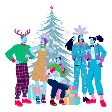 A lively holiday scene filled with a diverse group of characters, each adorned in absurd and mismatched festive attire. One character is wearing a bright green sweater with oversized reindeer antlers, paired with plaid pants and fuzzy red slippers. Another character is dressed in a glittering gold dress that is too large, with a Christmas tree-shaped hat that tilts sideways. Nearby, a person is in a bright blue suit covered in multicolored ornaments, complete with a bow tie made of tinsel. The background is decorated with vibrant holiday lights and oversized ornaments hanging from the ceiling, creating an atmosphere of cheerful chaos. Everyone is laughing and engaging in festive activities, such as decorating a large, lopsided Christmas tree and exchanging colorful, oddly wrapped gifts.