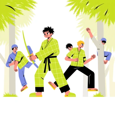 Tanjiro, a young boy with a distinctive green and black checkered kimono, is training intensely in a forested area. He is shown practicing sword techniques with a focused expression. Beside him, his friends are engaged in various training exercises, showcasing teamwork and camaraderie. One friend is executing a powerful kick, while another is practicing balance on a tree branch. The background is filled with tall trees and dappled sunlight filtering through the leaves, emphasizing the energetic training atmosphere. Each character displays determination and support for one another, highlighting their bonds as they train together.