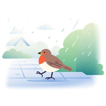 A small robin with a bright orange belly is hopping across a wet sidewalk. The sidewalk is glistening with fresh rain droplets, reflecting the overcast sky. Light rain is falling, creating small puddles on the ground. The robin is surrounded by a soft blur of greenery from nearby bushes, and there are a few droplets falling off the leaves. In the background, a faint outline of a house can be seen through the haze of the rain.