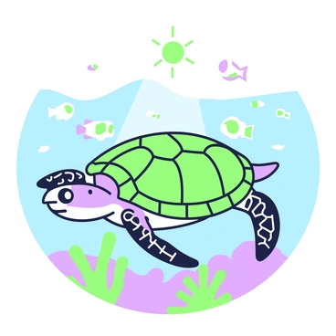 A sea turtle is gliding effortlessly through clear ocean waters. The turtle has a smooth, textured shell and flippers extended elegantly as it moves. Surrounding the turtle are various small fish swimming in schools, creating dynamic movements in the water. Sunlight penetrates the surface, casting gentle rays that illuminate the scene. Beneath the turtle, coral formations are visible, adding texture and detail to the underwater environment.