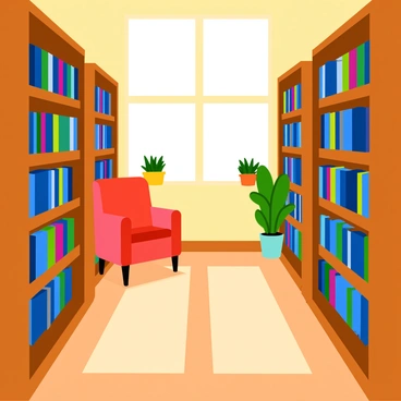 A quiet library aisle featuring tall wooden bookshelves that are densely packed with colorful books. The books have various spine designs in shades of blue, red, and green. Soft, warm light streams in from tall windows at the end of the aisle, casting gentle shadows on the polished wooden floor. A comfortable reading chair is positioned against one of the shelves, inviting a reader to sit and explore. Small decorative plants are placed on the shelves, adding a touch of greenery to the scene. The overall atmosphere appears calm and inviting, emphasizing the joy of reading.