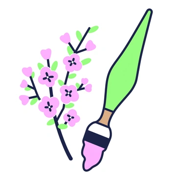 A paintbrush with a wooden handle is dipped in pink paint, displaying drops of paint on its bristles. Next to the paintbrush, there is a branch of a cherry blossom tree covered in delicate pink flowers. The branches are slender and gently curved, adorned with numerous blossoms in various stages of bloom. The background is minimalistic, allowing the focus to remain on the paintbrush and the cherry blossom branch.