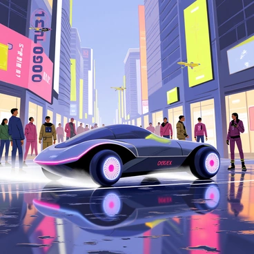 A high-tech hover vehicle with sleek aerodynamic curves and glowing neon accents is speeding through a vibrant city street. Tall buildings with illuminated advertisements in shades of pink, blue, and green line the streets. The ground is wet, reflecting the kaleidoscopic lights above. Various pedestrians with futuristic clothing and cybernetic enhancements watch in awe as the hover vehicle zooms past. Flying drones and floating billboards add to the bustling atmosphere of the cyberpunk city.