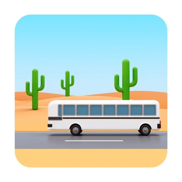 A white school bus driving along a sandy desert road. The bus has large windows and a sleek design. In the background, there are several tall cacti scattered across the landscape. The sky is clear and blue, providing a contrast to the warm tones of the desert sand. The scene captures the essence of a road trip through a desert environment.