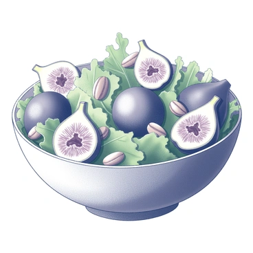 A bowl filled with a fresh salad. The salad contains whole figs, cut in half to reveal their interior, nestled among an assortment of mixed greens. Various types of nuts are scattered throughout the salad, adding texture. The bowl is made of a simple, smooth material, and the ingredients are arranged attractively, showcasing the natural shapes and sizes of the figs and greens.