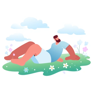 A relaxed man with short hair is lying on the grass, his arms stretched out beside him. He is wearing a casual t-shirt and shorts. The grass beneath him is vibrant and green, contrasting with the light blue sky above. Fluffy white clouds are scattered across the sky. The scene captures a sense of tranquility, with a few wildflowers blooming around him. A soft breeze is rustling the grass.