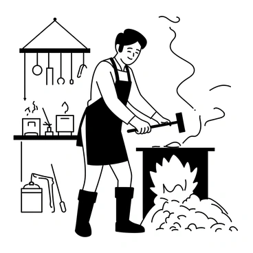 A blacksmith standing at a forge, hammering metal on an anvil. He is wearing a leather apron and protective gloves. His face shows concentration as he shapes a glowing horseshoe with his hammer. The workshop is filled with various tools hanging on the walls, and there are piles of horseshoes and tools nearby. Smoke rises from the forge, creating a dynamic atmosphere. A wooden workbench is visible in the background, covered with metal scraps and a quenching bucket.