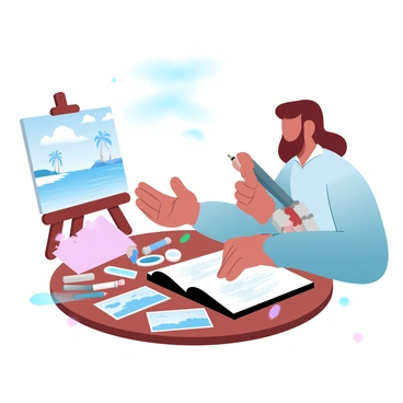 An artist is sitting at a wooden table with travel photos spread out in front of them. The artist is holding a sketchbook and a pencil, intently looking at a photo of a beach. The table is cluttered with colorful art supplies, including watercolors and brushes. In the background, a canvas displays an unfinished illustration of a beach scene with gentle waves and palm trees. The atmosphere is calm and focused, conveying a sense of creativity and inspiration.