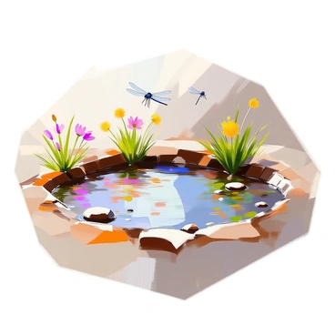 A small pond with low water levels, revealing patches of exposed mud along the edges. The surface of the water is disturbed by gentle ripples, reflecting the light from the sun. Small tufts of grass and scattered wildflowers surround the pond, contrasting with the earthy tones of the mud. In the mud, there are small aquatic plants and pebbles partially visible, enhancing the natural texture of the scene. A few dragonflies hover above the water, adding a sense of life to the tranquil environment.