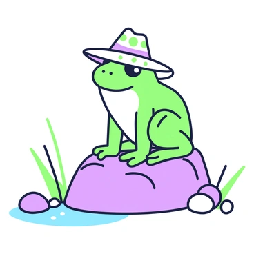 A frog with a smooth, shiny body is sitting on a rock that is surrounded by small pebbles. The frog is wearing a funny hat that has a wide brim and a playful pattern. The hat is perched askew on the frog's head, adding to its amusing appearance. Nearby, there are a few green blades of grass and a small puddle reflecting the scene. The overall composition showcases the frog's playful demeanor and the natural elements around it.