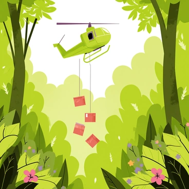 A green chopper hovering above a thick, green jungle clearing. The rotor blades are spinning rapidly, creating a slight blur above the helicopter. Below, several boxes and supplies are being dropped from the chopper, falling toward the dense foliage. The jungle is dense with tall trees, large leaves, and patches of colorful flowers peeking through the greenery. Sunlight filters through the tree canopy, casting dappled shadows on the ground.