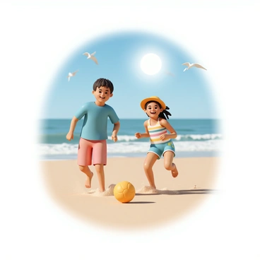 Two young kids, a boy and a girl, are playing with a bright yellow football on a sandy beach. The boy is wearing a blue T-shirt and red shorts, while the girl is dressed in a colorful swimsuit with a sunhat. They are both laughing and running after the football, their feet sinking slightly into the warm sand. The sun is shining brightly overhead, illuminating their joyful expressions and the vibrant colors of their clothing. In the background, gentle waves are rolling onto the shore, and a few seagulls can be seen flying in the clear blue sky.