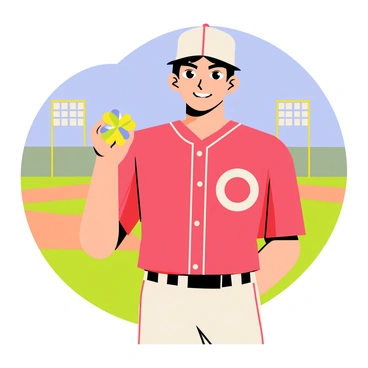 A cartoon-style illustration of "Shohei Ohtani" standing on a baseball field before a game. He is wearing a red baseball jersey with white lettering and a white cap. In his right hand, he is holding a small, colorful "lucky charm" shaped like a four-leaf clover. His expression shows focus and determination. The background features a baseball diamond with green grass and a blue sky, giving a sense of an important game day.