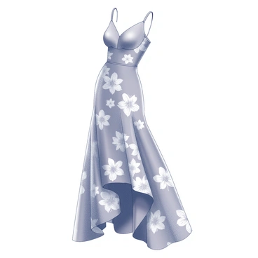 A dress designed with flowing fabric that mimics the delicate curves and contours of tulip petals. The dress features an elegant silhouette with a fitted bodice and a flared skirt that cascades to the ground. Intricate floral patterns are woven throughout the fabric, resembling the unique shapes of rare tulips. The neckline is gracefully shaped, and the sleeves drape softly, highlighting the overall floral inspiration. The hem of the dress includes asymmetrical cuts that mimic the natural form of blooming tulip flowers.