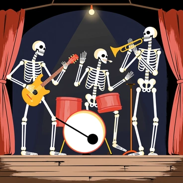 A band of skeletons is performing on a decrepit wooden stage. The skeletons are each playing different musical instruments: one is strumming a rusty guitar, another is hitting a dusty drum set, while a third is blowing into a tarnished trumpet. The stage is surrounded by faded curtains and has broken wooden boards. Dim lights hang above, casting a ghostly glow on the scene. The skeleton musicians have exaggerated features, such as oversized grins and bony fingers skillfully handling their instruments.