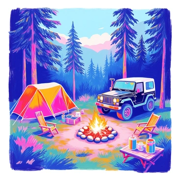 A G-Wagon is parked at a campsite surrounded by tall pine trees. The vehicle is black with rugged wheels and a shiny exterior. Nearby, a tent with a bright orange and green color scheme is set up on the grass. A crackling campfire glows warmly, with flames dancing above a circle of smooth stones. Several camping chairs are arranged around the fire, and a small picnic table holds a cooler and some lanterns. In the background, a clear blue sky can be seen through the treetops.